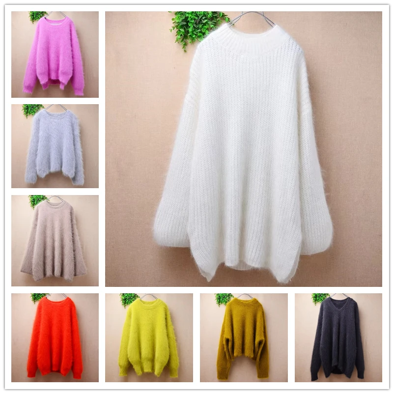 

Женский Mujer, осенне-зимний модный белый волосатый ангорский кролик, вязаный свободный свитер с круглым вырезом и длинными расклешенными рукавами