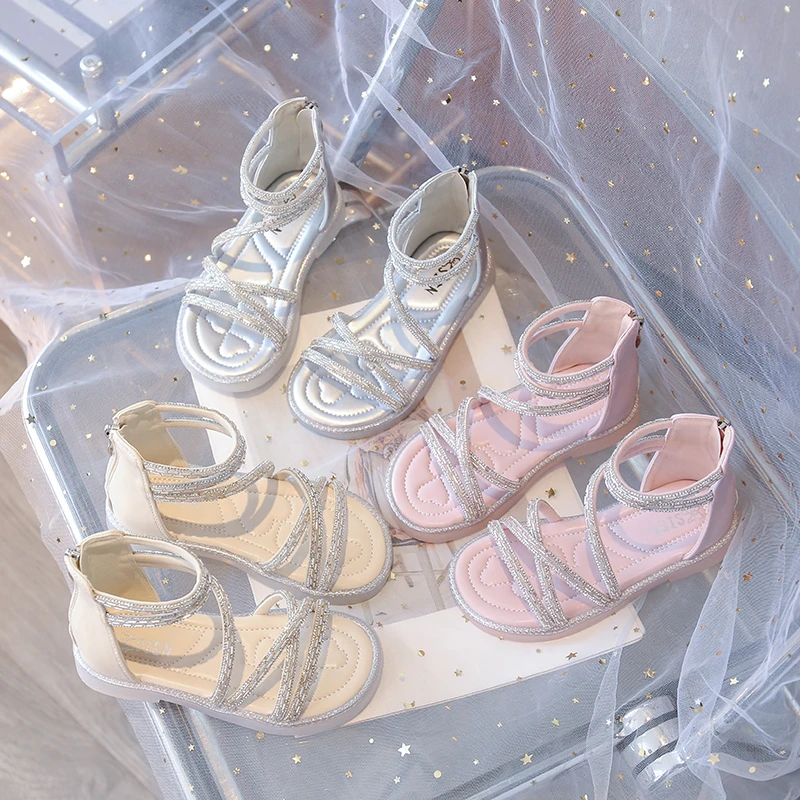 

Детские летние пляжные сандалии-гладиаторы для девочек со стразами и молнией сзади, нескользящие, в римском стиле, для принцесс