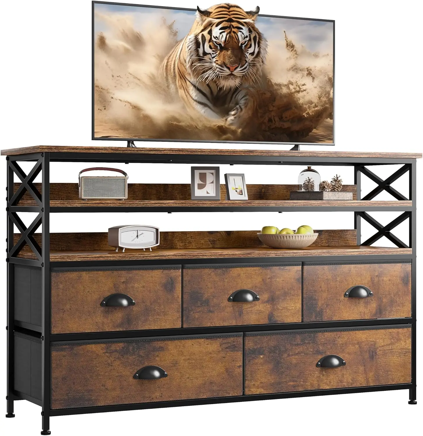 

Dresser for Bedroom with Wood Open Shelves, 55" TV Stand Dresser with 5 Drawers,Fabric Dressers & Chest of Drawers for L