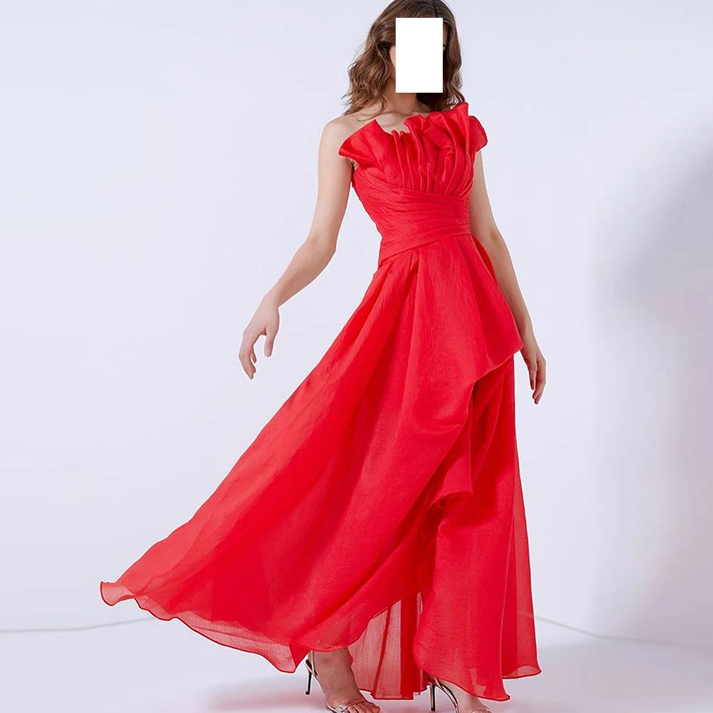 

Dubai Evening Caftan Dress Scalloped Solid Red Ankle Length Sleeveless Front Silt Backless Pleats Bespoke Occasion Gowns