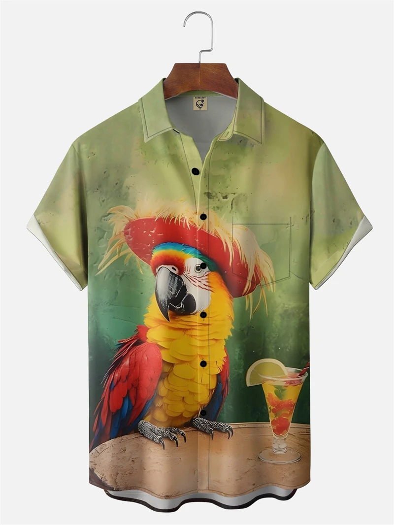 Camisa Havaiana Nova 2026 para Homens e Mulheres com Estampa Divertida de Papagaio, Camisa de Botão com Gola Lapela e Manga Curta, Blusa Harajuku para