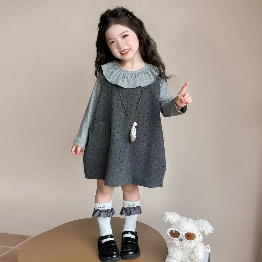 

Two-piece Set Autumn Grey Fashion New Kids Clothes Girls Long Sleeved Lapel Top + Polka Dot Printed Sleeveless Vest Dress