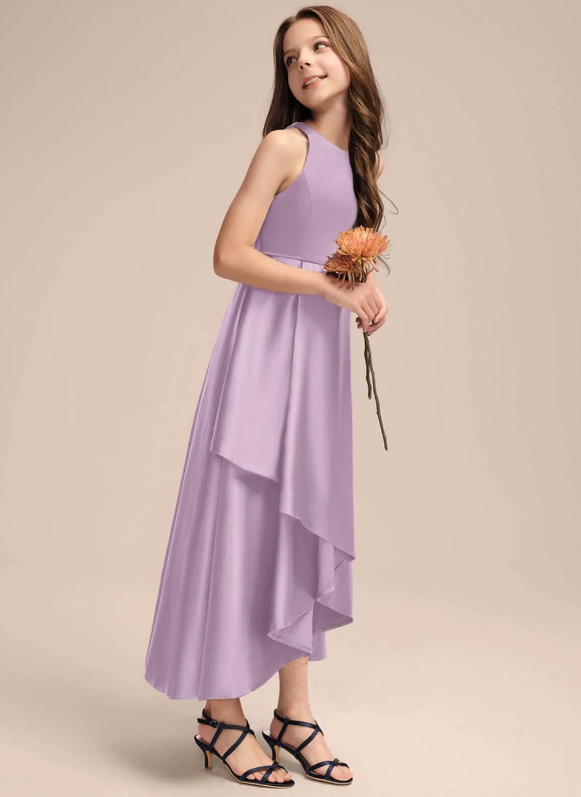 A-line Scoop Asymmetrical Satin Junior Bridesmaid Dress With Cascading Ruffles Flower Girl Dress Party First Communion Gown