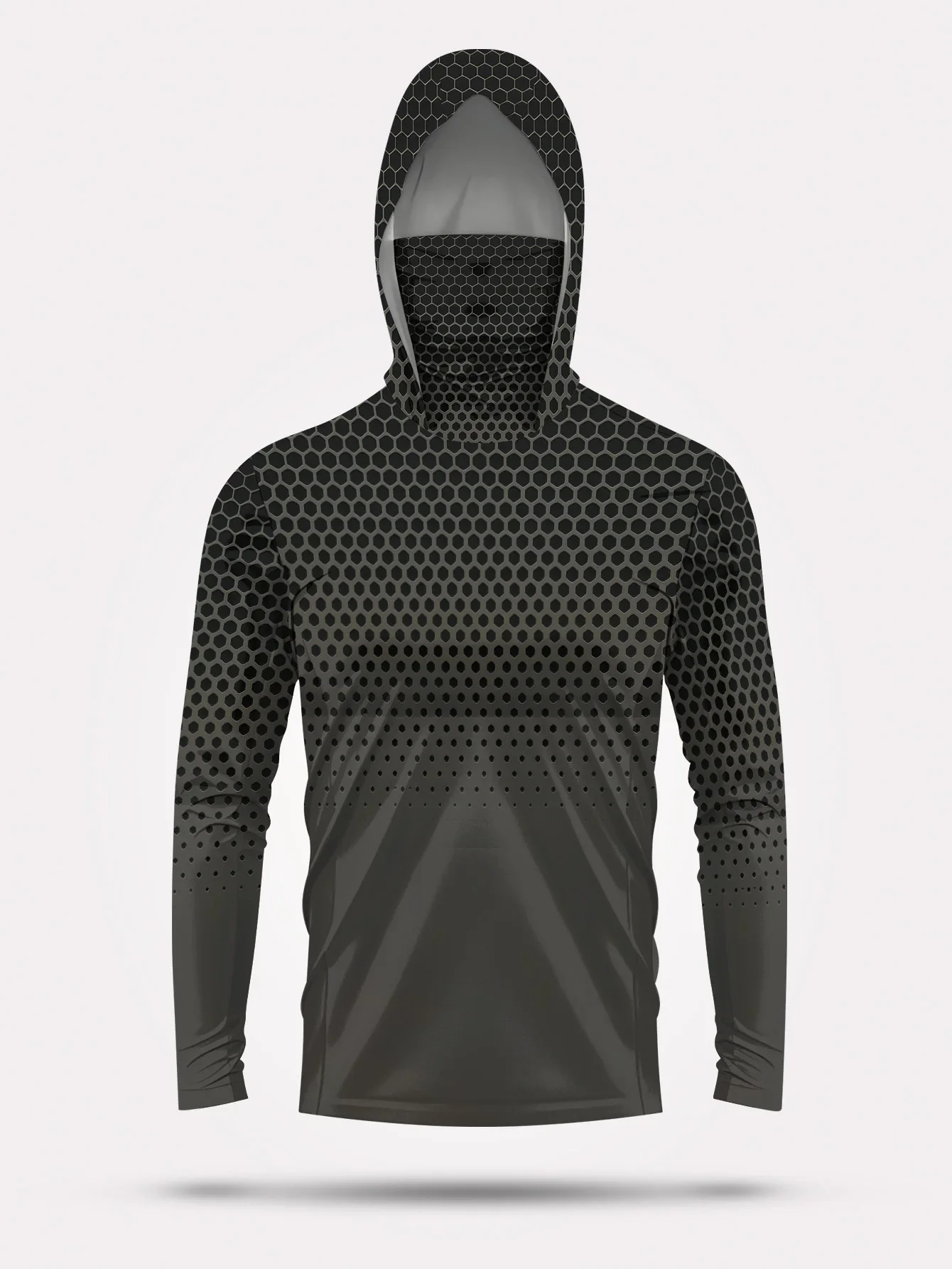 Herren Sommer UPF50+ Angel-Hoodie mit Gesichtsmaske, Grauer Wabenmuster-Druck, Schnelltrocknend, Atmungsaktiv, Langarm-Angelhemd – Detail 9