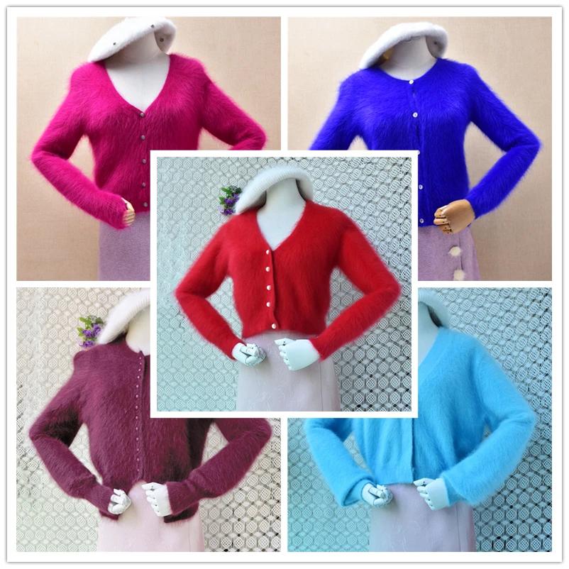 

Ladies Women Spring Autumn Fashion Soft Hairy Angora Rabbit Hair Knitted Short Style V-Neck Loose Cardigans Sweater Jacket Pull