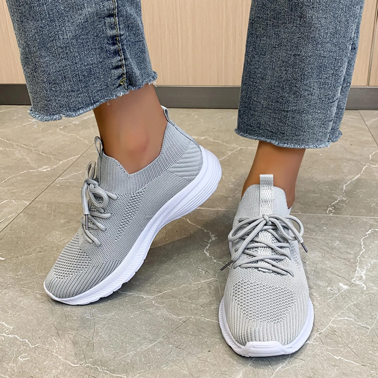 Plus Size Orange Knit Flat Shoes Women 2023 Lace Up Breathable Mesh Sneakers Woman Casual Soft Sole Sport Running Tennis Sneaker