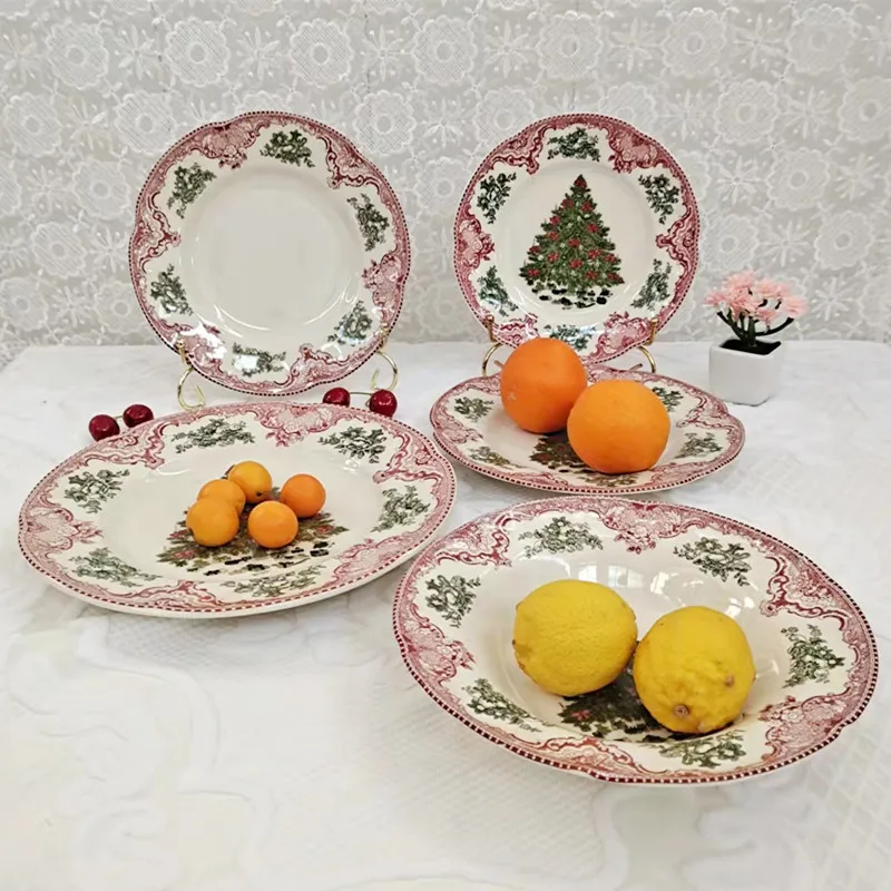 

European-Style Ceramic Christmas Gift Cutlery Plate Dim Sum Plate Decorative Home Green Christmas Tree Soup Plate