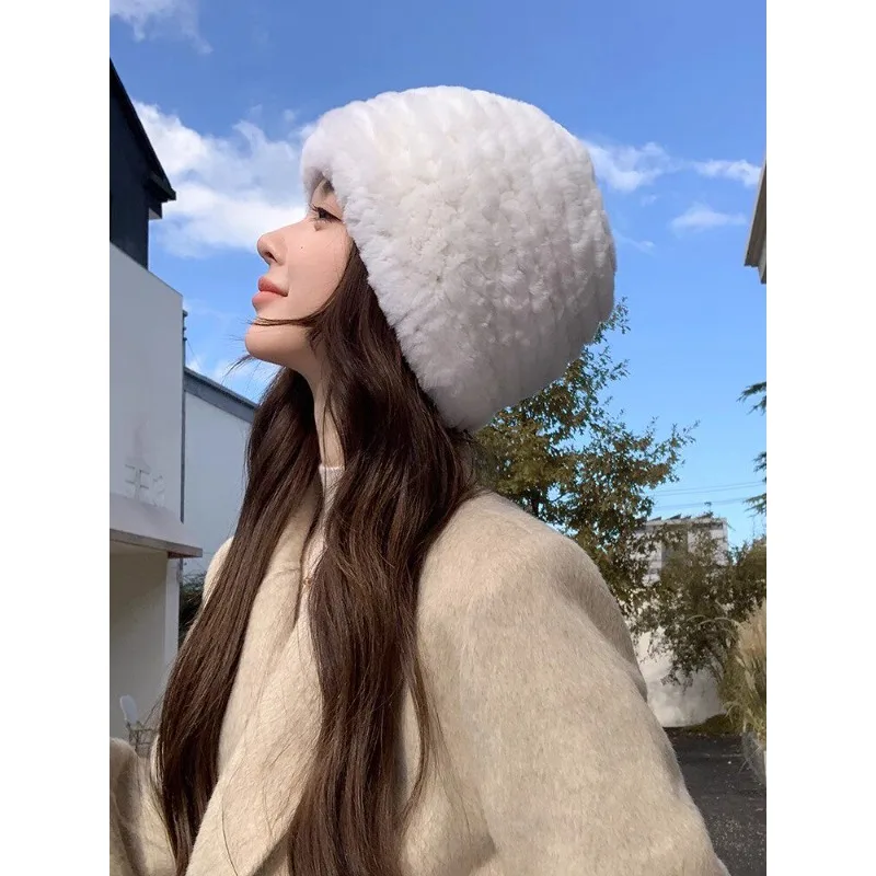 Winter Rex rabbit fur hat women thick braided big head warm furry fashion beanie for small face