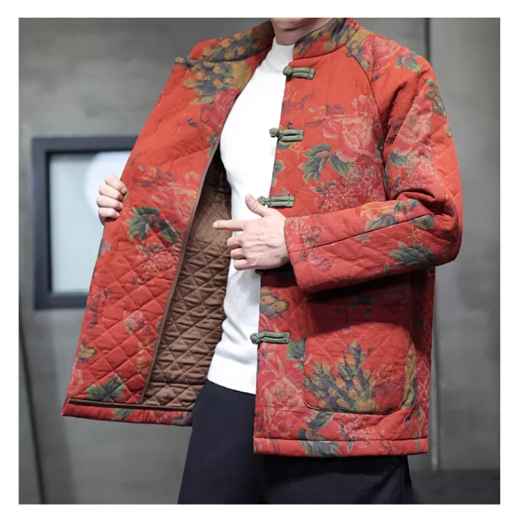 جواكت شتوية للرجل ريترو التقليدية طباعة زهرة تانغ دعوى سترة الرجال الكونغ فو تاي تشي معطف سترات غير رسمية الرجال الملابس #3
