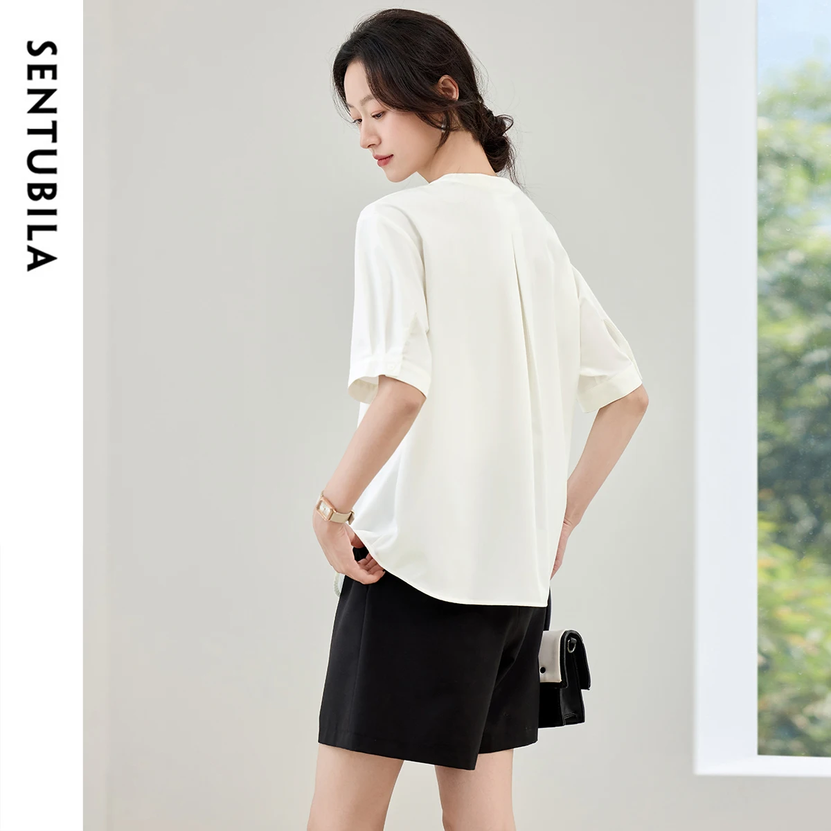 SENTUBILA Office Lady Women Shirt 2025 Summer Loose Fit Half Sleeve Solid Covered Button Basic Blouse Woman Clothing 152C59367