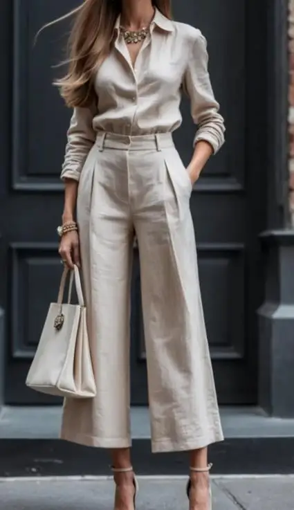 

Two Piece Set Women Outfit 2026 Spring New Solid Color Turn-Down Collar Long Sleeved Shirt Top & High Waist Wide Leg Pants Set