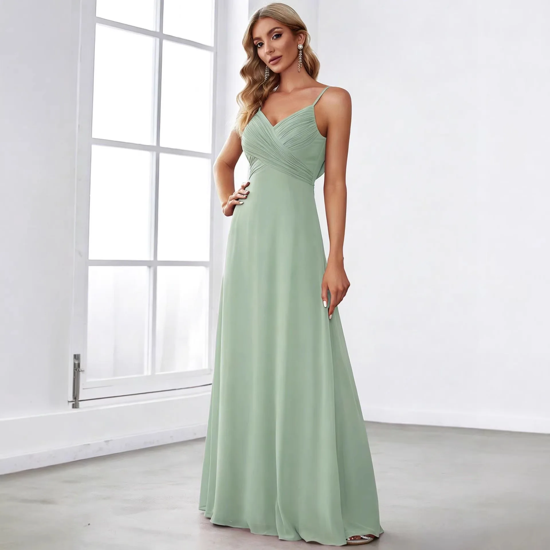 

2026 New Solid Color Deep V-neck Sleeveless Front Collar Pleated Chiffon Suspender Dress Skirt for Women