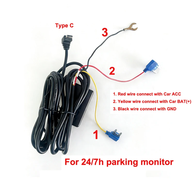 24/7h Parking Hardwire Kit Type C Car Charger Power Cable 7-32V Rear Camera GPS Accessories For TypeC Interface Dash Cam Car DVR