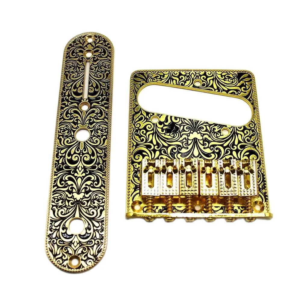 6 String Roller Saddle Bridge and Control Plate for TL Electric Guitar with Carving Decorative Pattern Strings Through Bridge