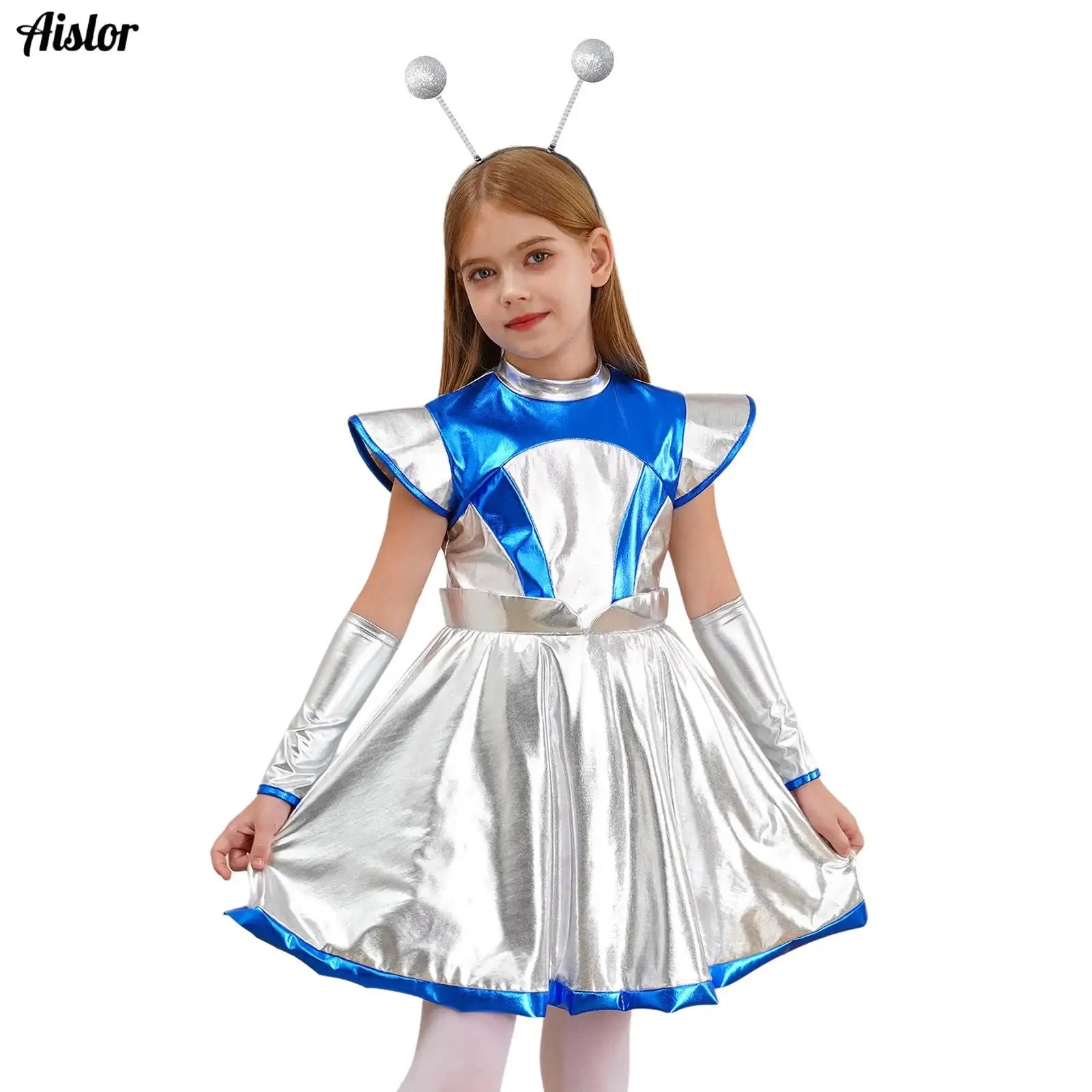 

Girls Alien Cosplay Costume Outer Space Cutie Costume Dress with Funny Alien Hair Hoop Accessories Halloween Masquerade Dress Up