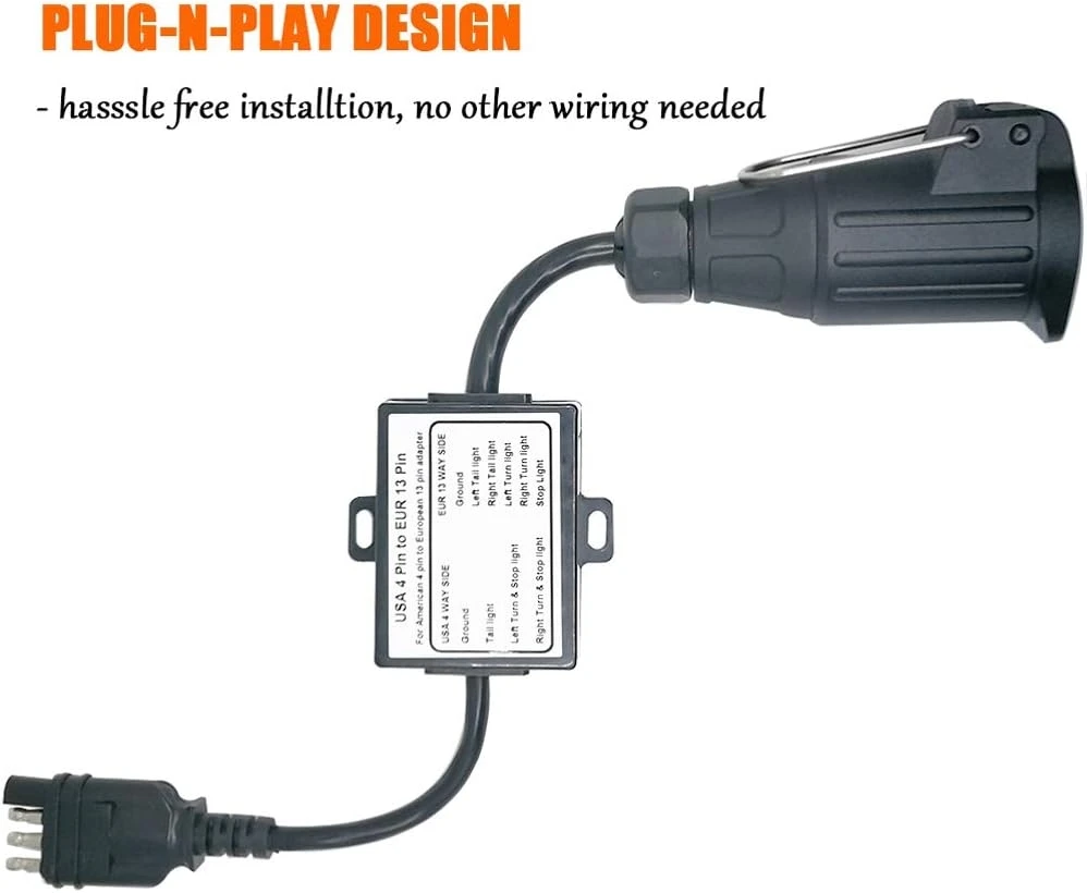US Vehicle 4-Way Flat Adapter to European 13-Pin Round Plug Trailer Light Converter - Plug and Play Design