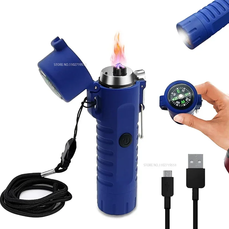 USB Rechargeable Dual Arc Plasma Lighter Outdoor Flashlight Lighter with Compass for Emergency Survival Kit, Adventure, Survival