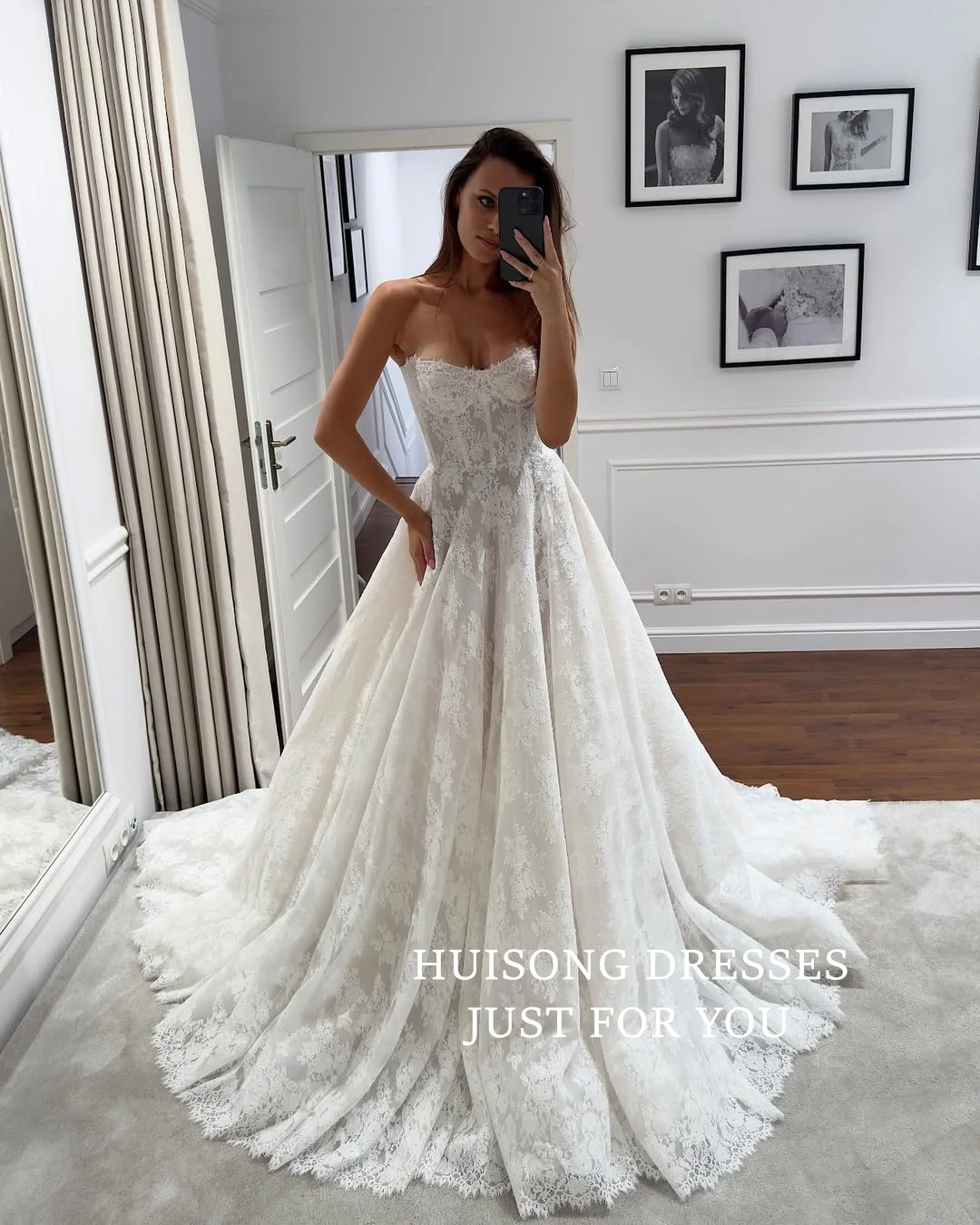 

HUISONG Customized Boho Lace Appliques Wedding Dresses Sweetheart Sleeveless A-Line Beach Bridal Gown vestidos de novia