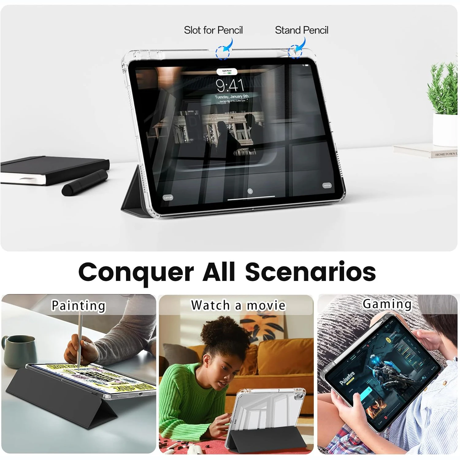 حافظة كمبيوتر لوحي كريستالية شفافة مع فتحة قلم لجهاز iPad 10.2 بوصة 7th 8th 9th Gen 2019/2020/2021 حافظات حامل مغناطيسي من جلد البولي يوريثان #4