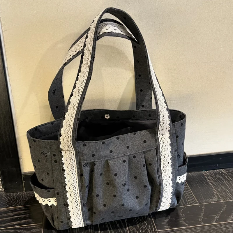 Polka Dot Lace Tote Bag Large Capacity Women's Shoulder Bag Student Commuter Handbag With Contrast Trim Lightweight Shopping Bag image 4