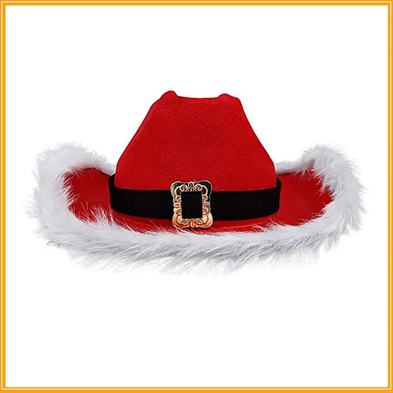 Christmas Party Cowboy Feather Hat Faux Fur Trimmed Non Glow Red Santa Hat Western Carnival Hat