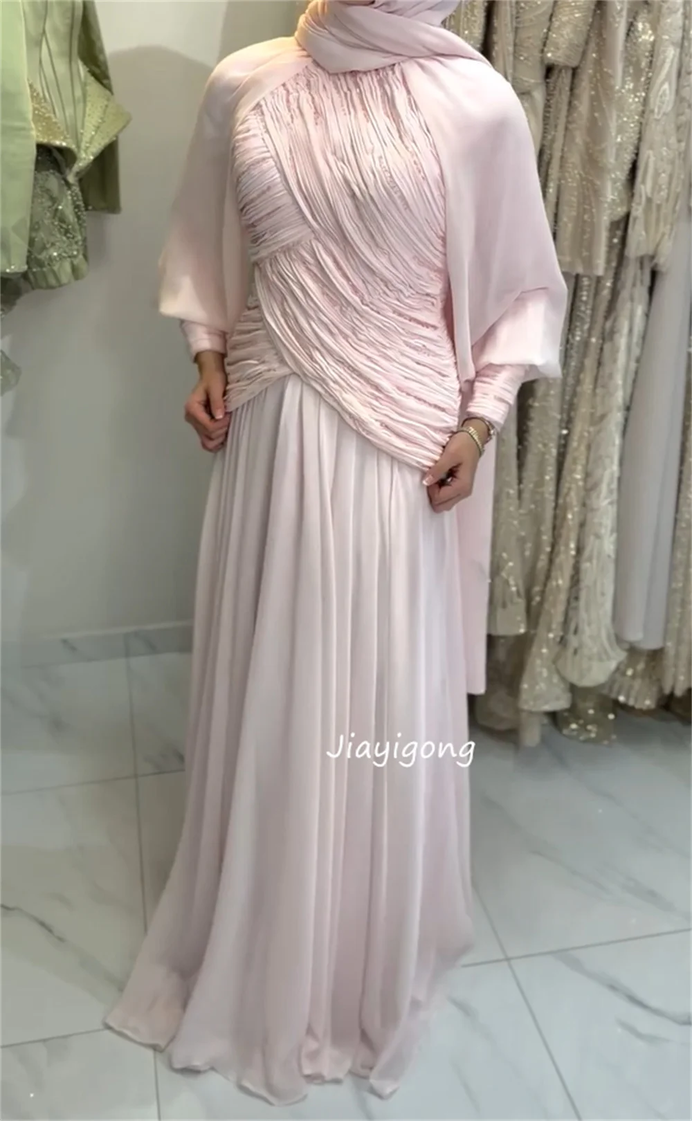 맞춤형 반짝이 시폰 플리츠 스팽글 장식 A라인 O넥 롱 셀러브리티 럭셔리 파티 고급 고품질 파스텔