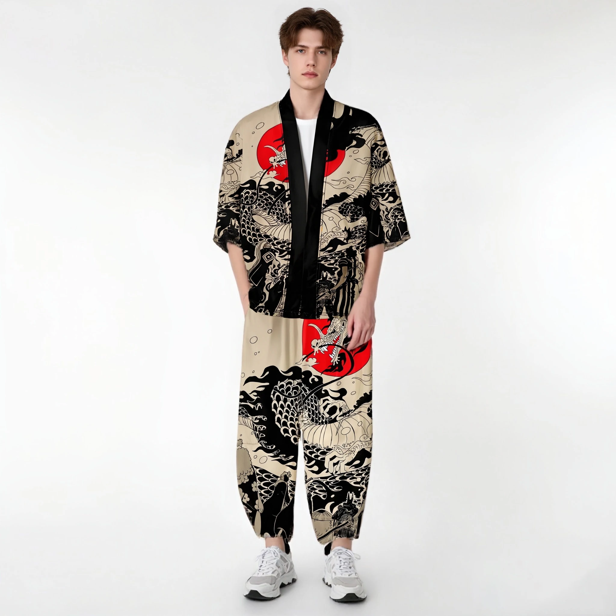 Dragon Pattern Kimono Men Cloak Kimono Set Para Hombre Coat 9-point PantsClothing Cloak Beach Shirt Japanese Summer Haori Unisex