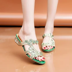 New Summer Style Fashionable Comfortable Versatile Wear-resistant and Elegant Rhinestone Casual Thick Heel Low Heel Slippers