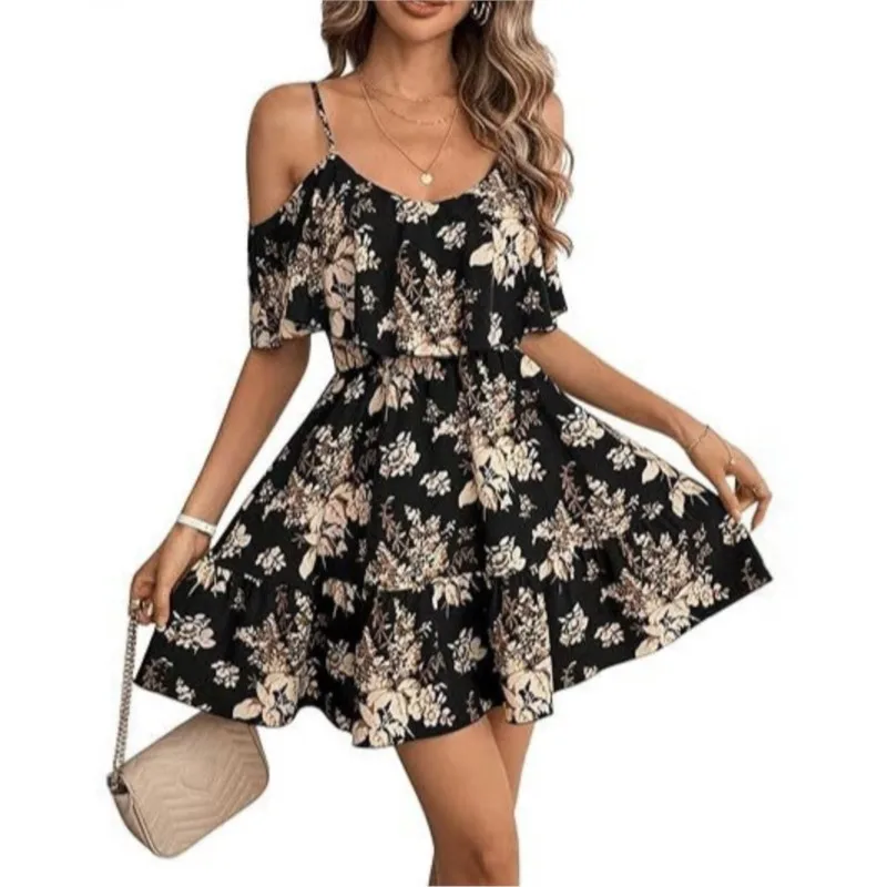 Vintage Floral Cold-Shoulder Dress Breezy Ruffled White Black Print Your Go-To For Brunch Dates Coastal Getaways Sunset Parties