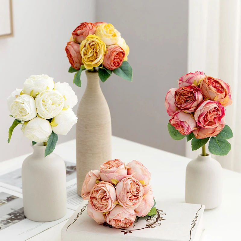 1PC Artificial Rose Roasted Edge Fake Flowers Retro Style Wedding Bouquets Fake Flower Wedding Bouquets Coke Edge Silk Rose