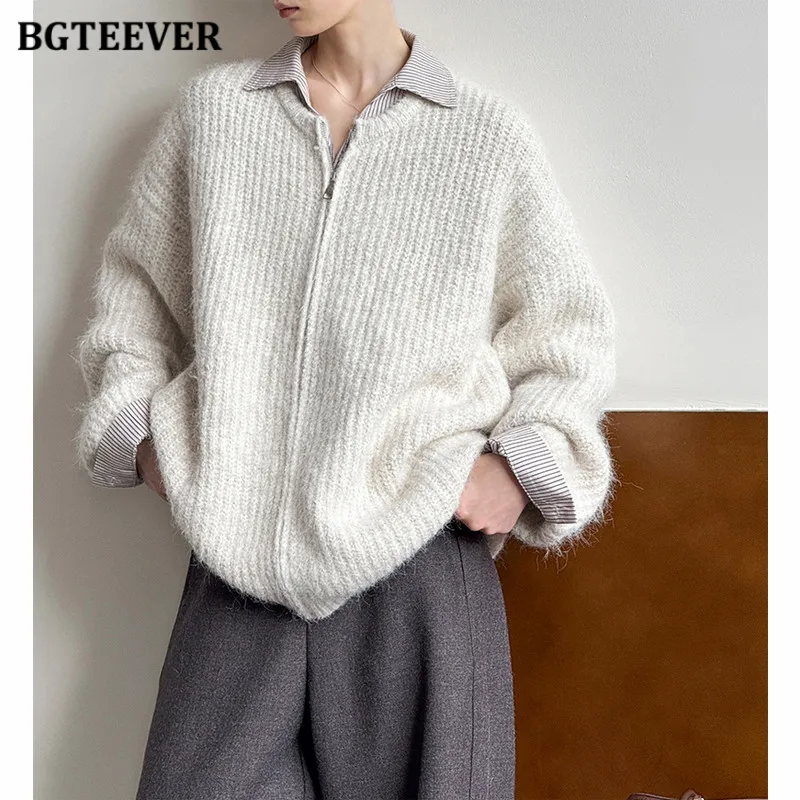 

BGTEEVER Casual Warm Zipper Up Knitted Sweaters for Women Winter O-neck Elegant Ladies Knitted Cardigans