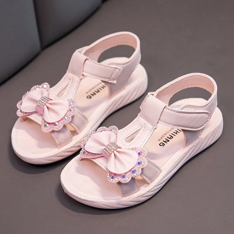 Girls Open-Toe bowknot Hook And Loop Sandals Non-Slip Princess Shoes For Kids Children