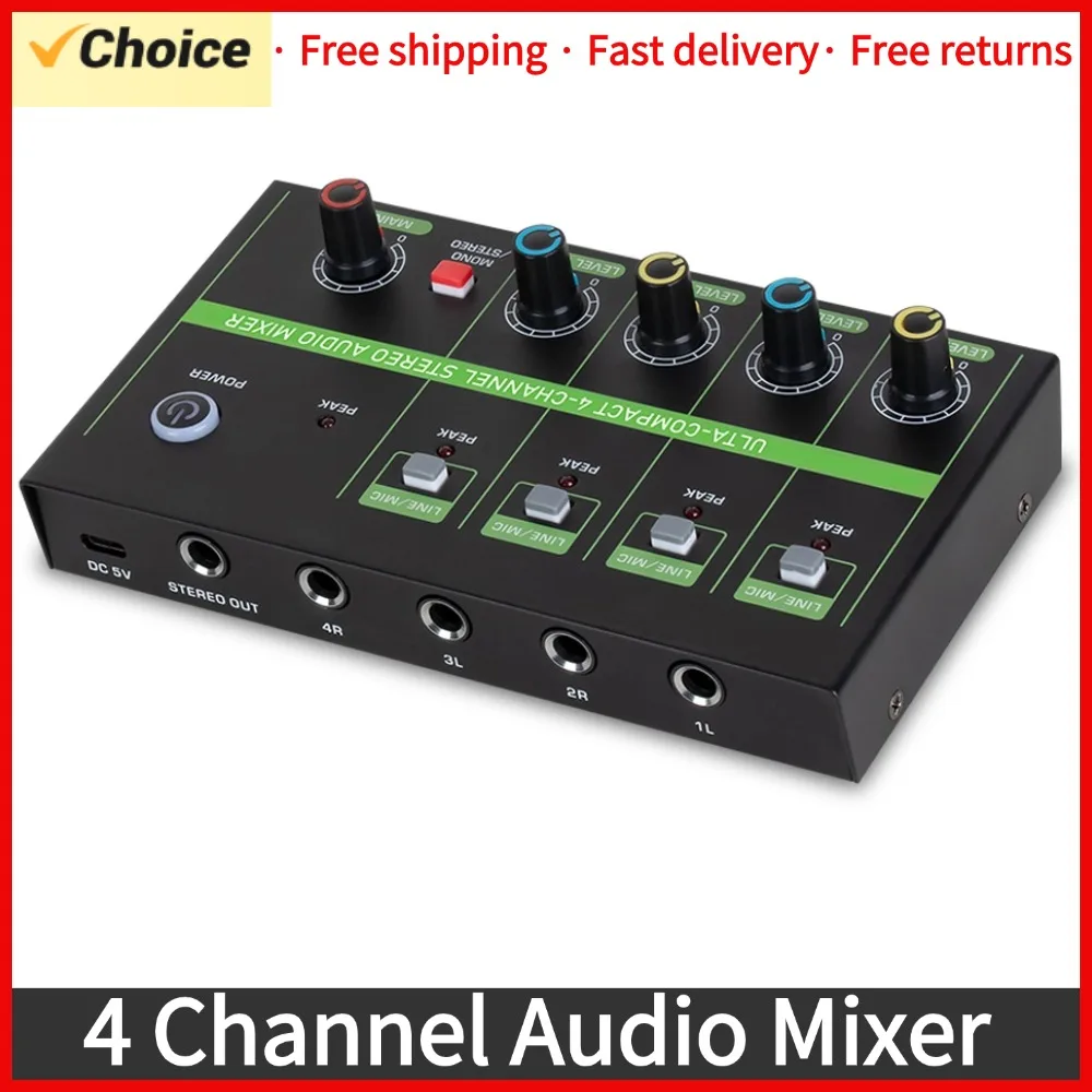 4 Channel Audio Mixer Microphone Low-noise Mono Stereo Line Mixer LINE/MIC Mode Switching for Wired Microphones Electronic Piano