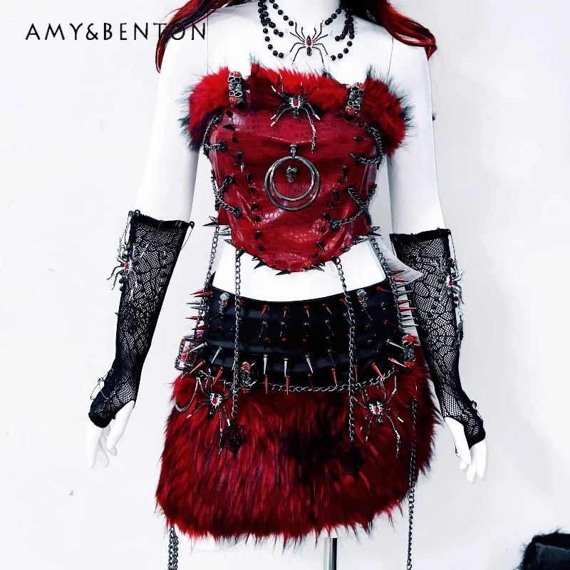 

Original Design Punk Dark New Red Hairy Edge Rivet Women's Vest Gothic Style Sweet Cool Sexy Splicing Short Skirt Set Ladies