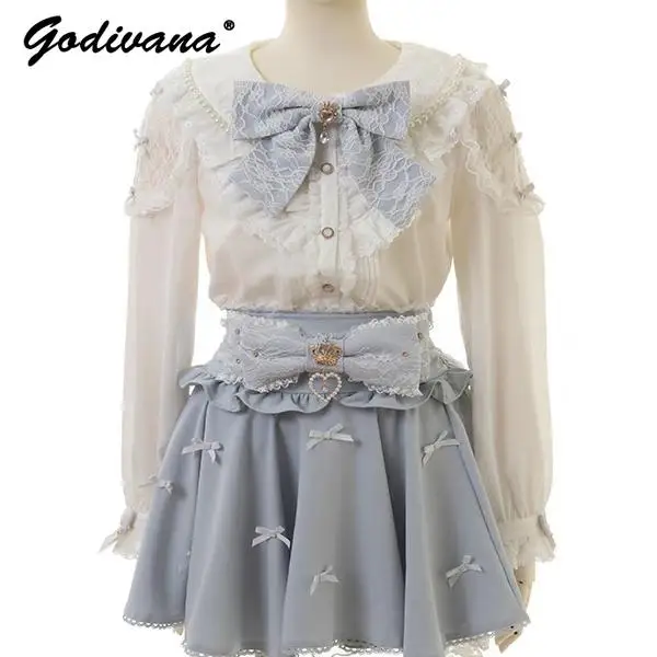 Japanese Style New Autumn and Winter Lace Spliced Big Bow Long Sleeve Shirt Sweet Girl Women's Lolita Blouse Cute Blusas