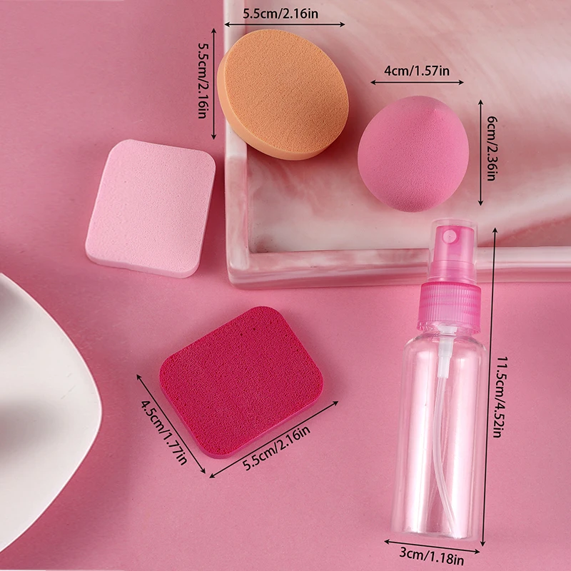 5-piece travel set of make-up and beauty tools, including spray dispenser, puff, beauty egg, and a travelling kit.