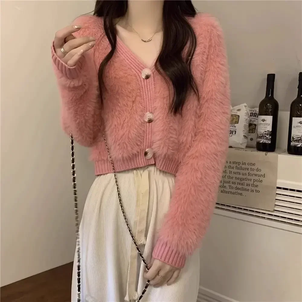 Sweet Fluffy Cardigans for Women Tender Korean Style Cropped Sweaters Feminine Autumn Winter Knit Stylish Chic V-neck Outerwear