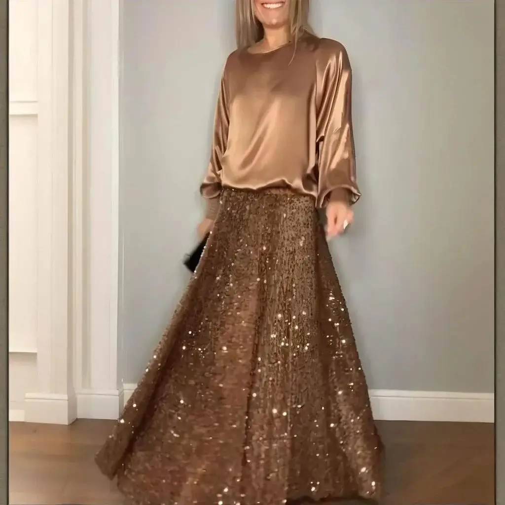 Women's Long Sleeve Top & Sequin Maxi Dress Skirt Two-Piece Set Crew Neck Top & Sequin Maxi Skirt Set