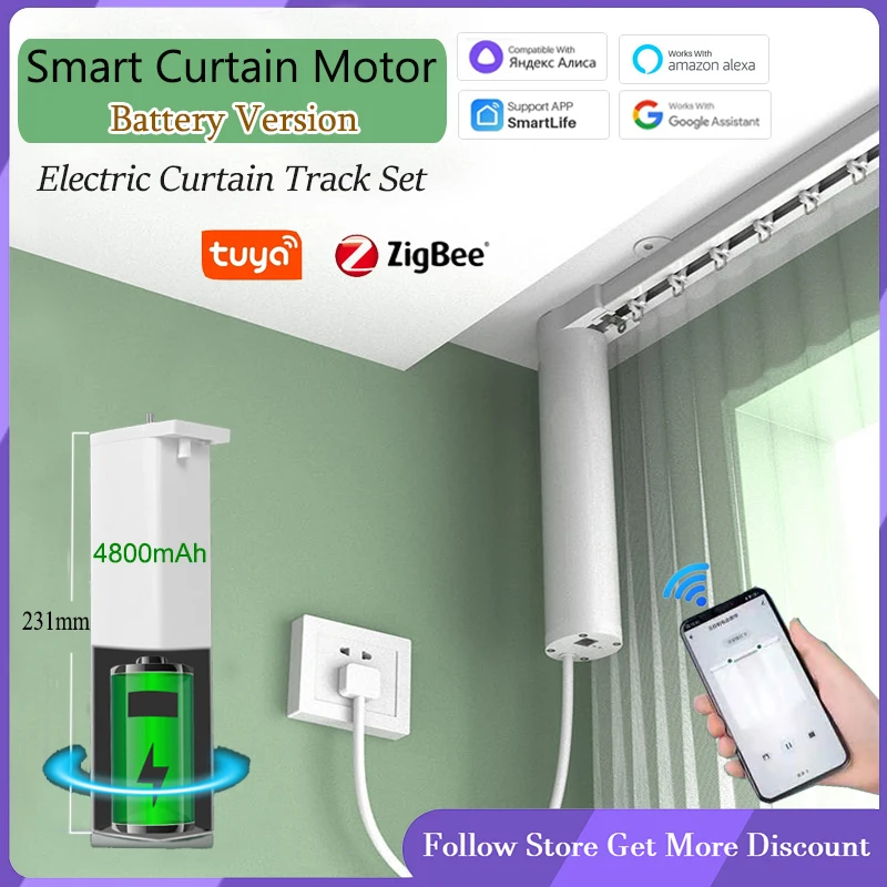 Latest Tuya Zigbee Smart Li Battery Curtain Motor with Electric Curtain Rail Cornice Track Support Alice Alexa Google