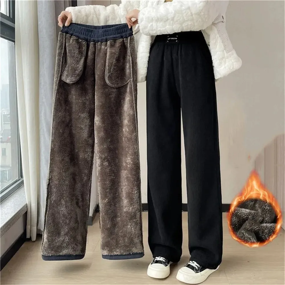 

Winter Fashion 90s Vintage Thermal Snow High Waisted Pants Women Plus Velvet Loose Y2k Warm Thicken Streetwear Straight Trousers