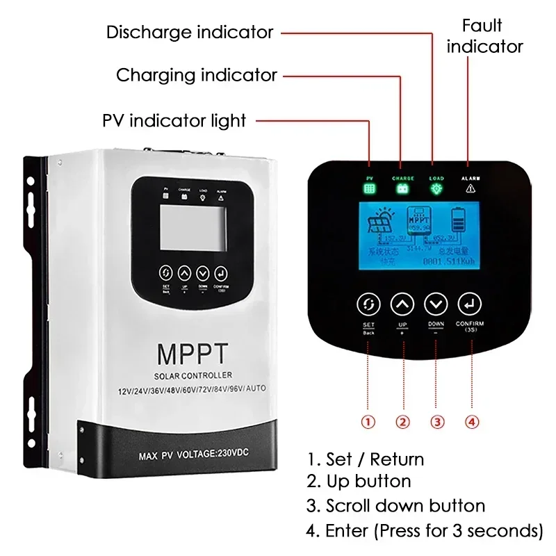 50/60A MPPT Solar Controller 12/24/36/48/60/72/84/96V Solar Charge Discharge Controller Solar Panel Battery PV Regulator 230VDC