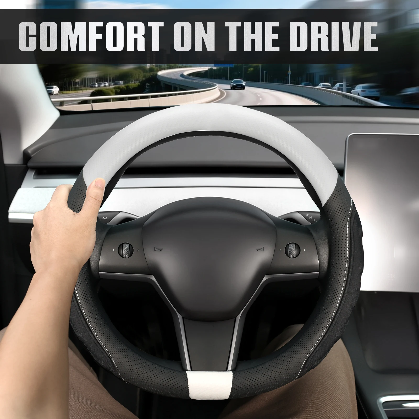

For Tesla Model 3 Model Y 2017-2025 Flat Bottom D-Shaped Steering Wheel Cover Leather Anti-Slip Grip Breathable