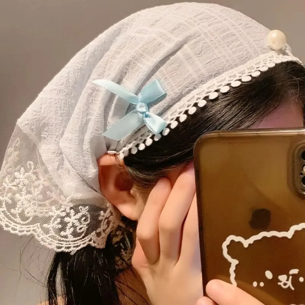 

Lace Headwear Lace Bow Hair Scarf Retro Style Linen Cotton Sunscreen Headscarf Pearl Travel Photo Headband Women