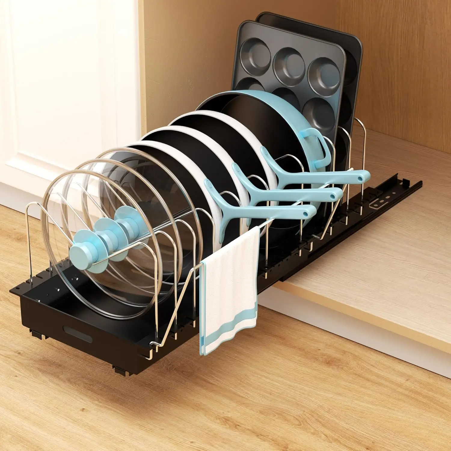 

Pots and Pans Organizer Under Cabinet - 22" Deep Expandable Pot Organizers inside Cabinet with 10 Adjustable Dividers &Handra