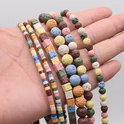 4 6 8 10mm Volcanic Lava Natural Stone Beads Colorful Round Cube Space loose Bead For Jewelry Making DIY Bracelet Necklace