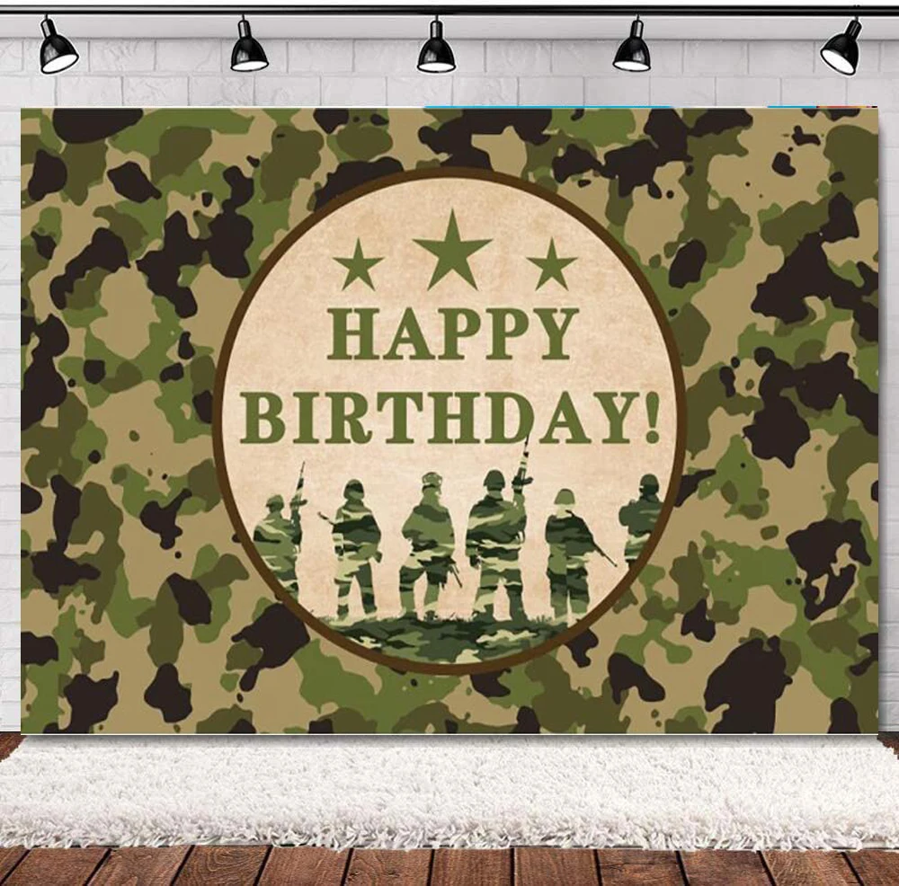 Happy Birthday Military Camouflage Photography Backdrop Army Soldier Three Stars Top Secret Camo Theme Background Party Decor