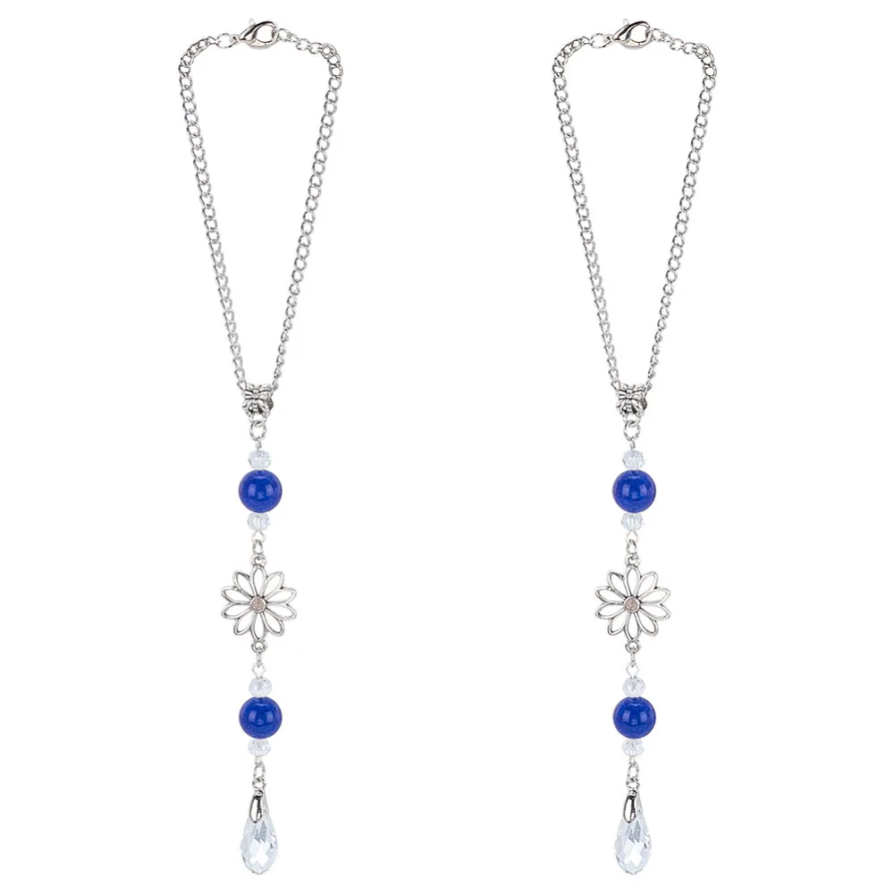 2Pcs Flower Hanging Decor Alloy Blue Flower Hanging Car Charm Glass Teardrop Rear View Mirror Accessories Boho Accessories