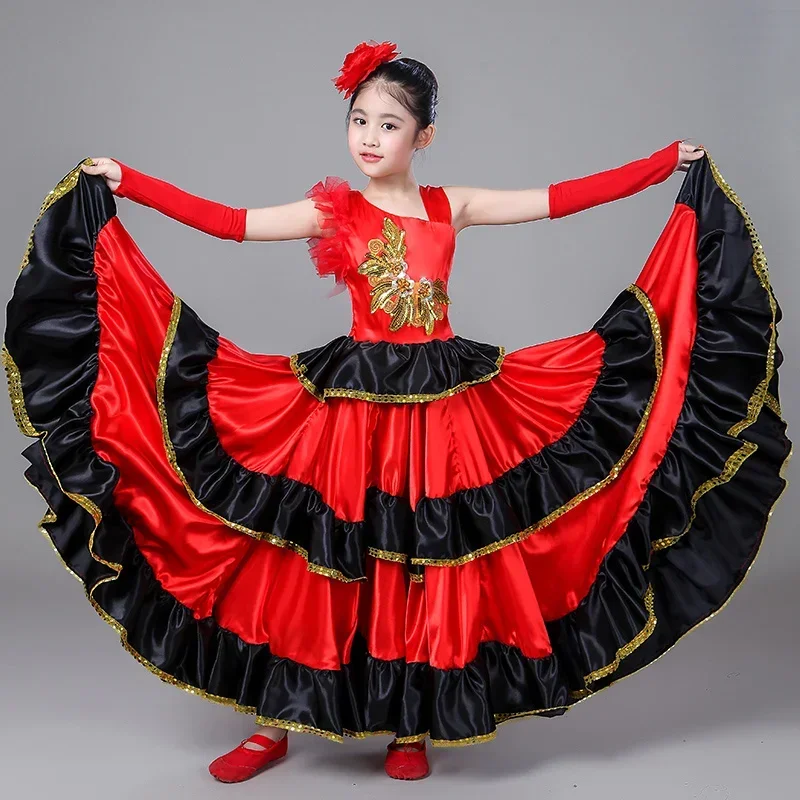 Spanish Costume Performence Girl Long Red Flamenco Dress Ballroom Skirt For Girls Child Dance Dresses Costumes For Kids Clothes