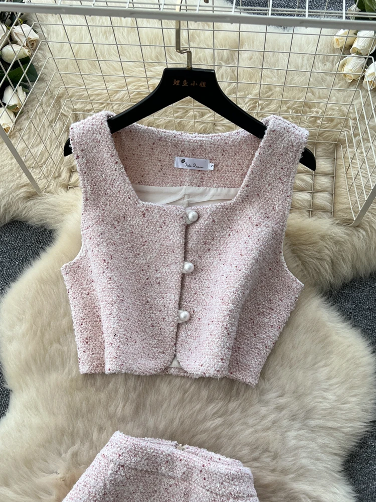 Elegant Short Sleeveless High Waist Wrap Body Skirt Set Luxury Style Square Collar Coarse Tweed Women's Fashion Summer Outfit