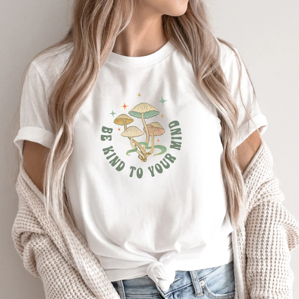 

colored be kind to your mind tshirt retro women inspirational mushrooms graphic tee shirt